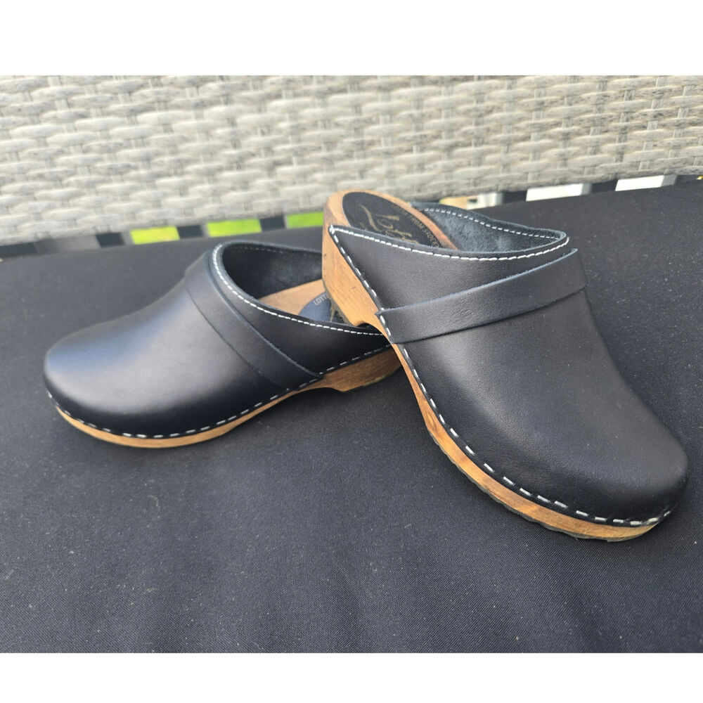 Lotta From Stockholm Swedish Handmade Wooden Leather Clogs Black Women's Size 36